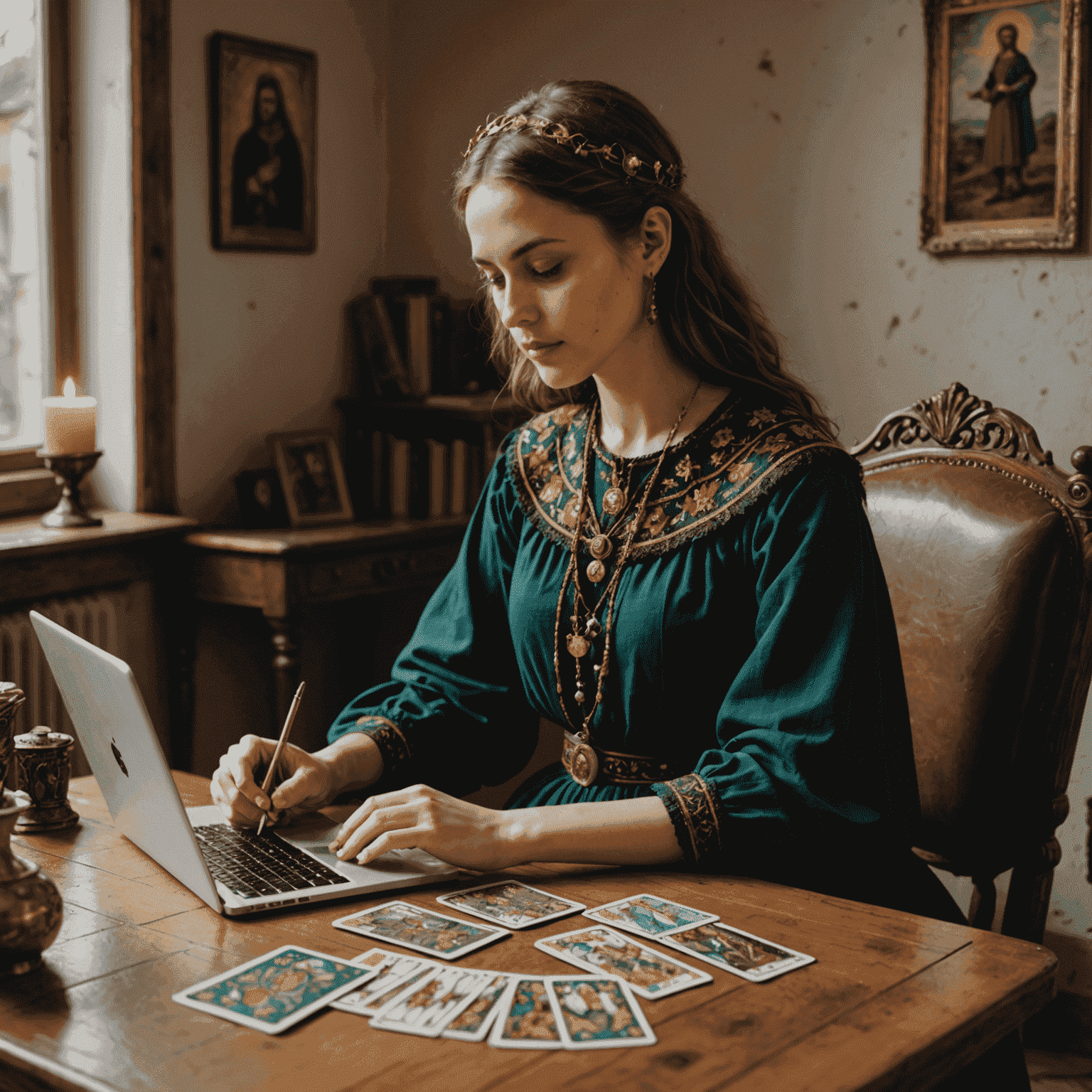 Modern magyar tarot olvasás: Fiatal nő tarot kártyákat olvas egy laptoppal az asztalán, jelezve a hagyomány és technológia ötvözését